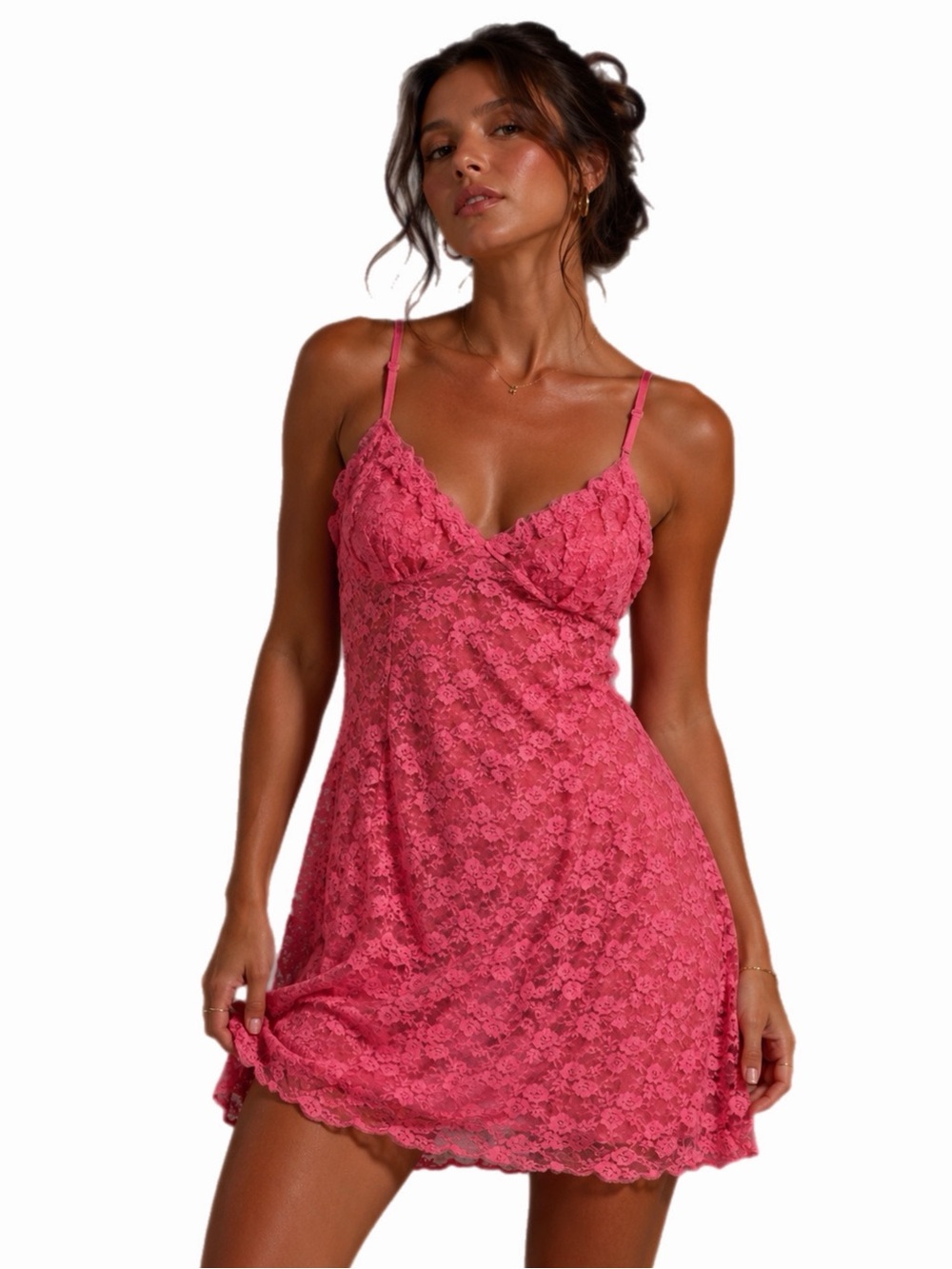 Y2K European Vintage Kiabi Floral Lace Mini Babydoll Slip Dress (Pink) Size XL